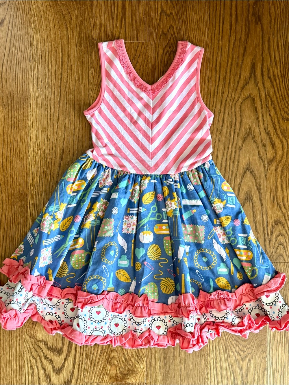 Matilda Jane Pink & Blue Sleeveless Ruffle Hem Kids Dress